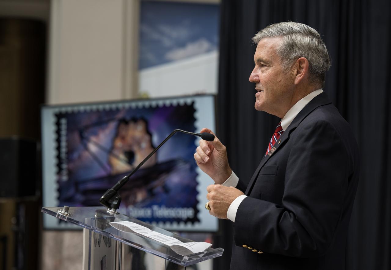 NASA Associate Administrator and former astronaut Bob Cabana provides remarks at the first-day-of-issue event for the United States Postal Service’s new stamp celebrating NASA’s James Webb Space Telescope (JWST) on Thursday, Sept. 8, 2022, at the Smithsonian’s National Postal Museum in Washington. The stamp, which features an illustration of the observatory, honors Webb’s mission to explore the unknown in our universe – solving mysteries in our solar system, looking beyond to distant worlds around other stars, and probing the structures and origins of our universe and our place in it. Photo Credit: (NASA/Aubrey Gemignani)