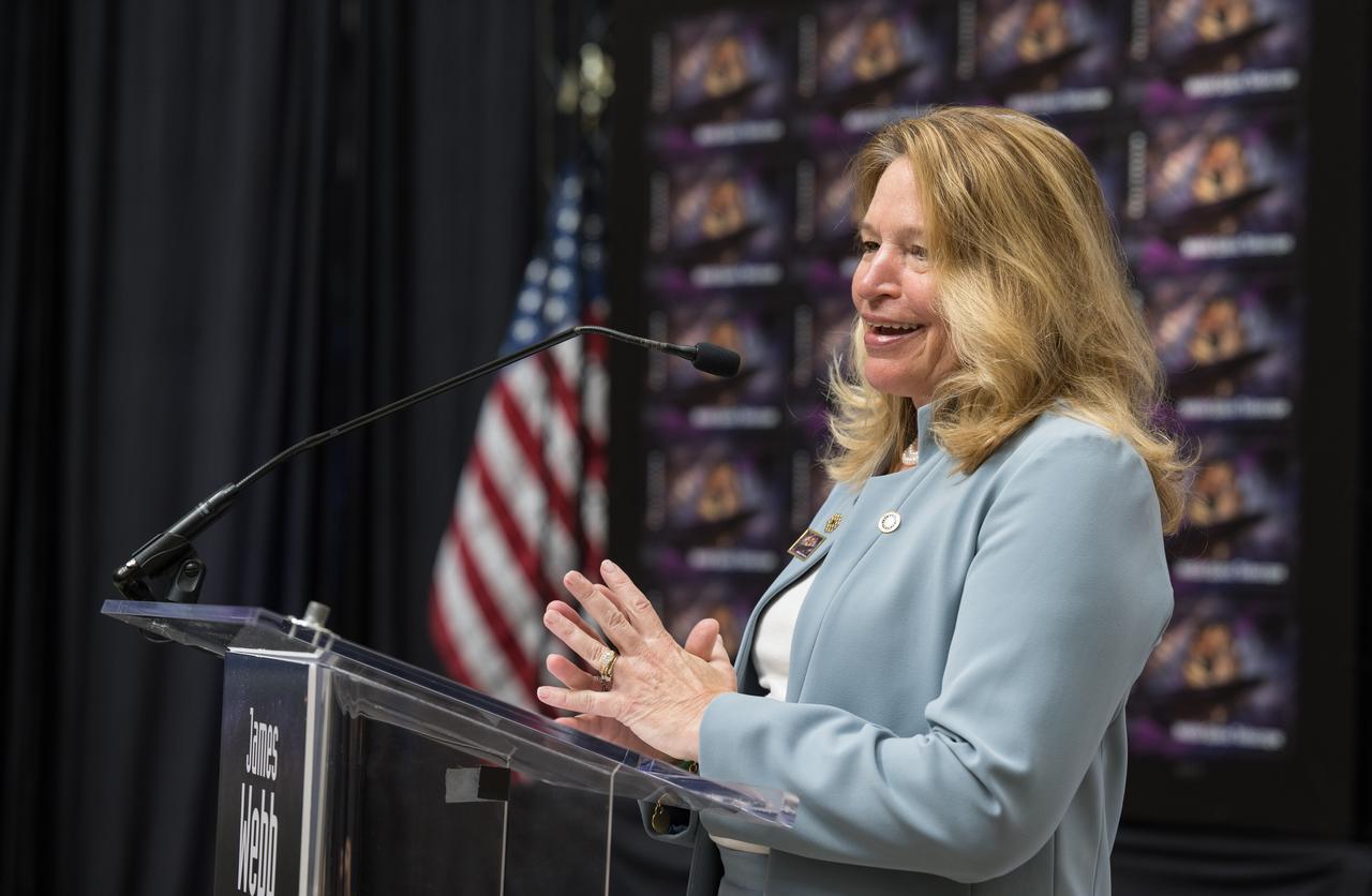 Smithsonian Institution Under Secretary for Service and Research, Ellen Stofan, provides remarks at the first-day-of-issue event for the United States Postal Service’s new stamp celebrating NASA’s James Webb Space Telescope (JWST) on Thursday, Sept. 8, 2022, at the Smithsonian’s National Postal Museum in Washington. The stamp, which features an illustration of the observatory, honors Webb’s mission to explore the unknown in our universe – solving mysteries in our solar system, looking beyond to distant worlds around other stars, and probing the structures and origins of our universe and our place in it. Photo Credit: (NASA/Aubrey Gemignani)