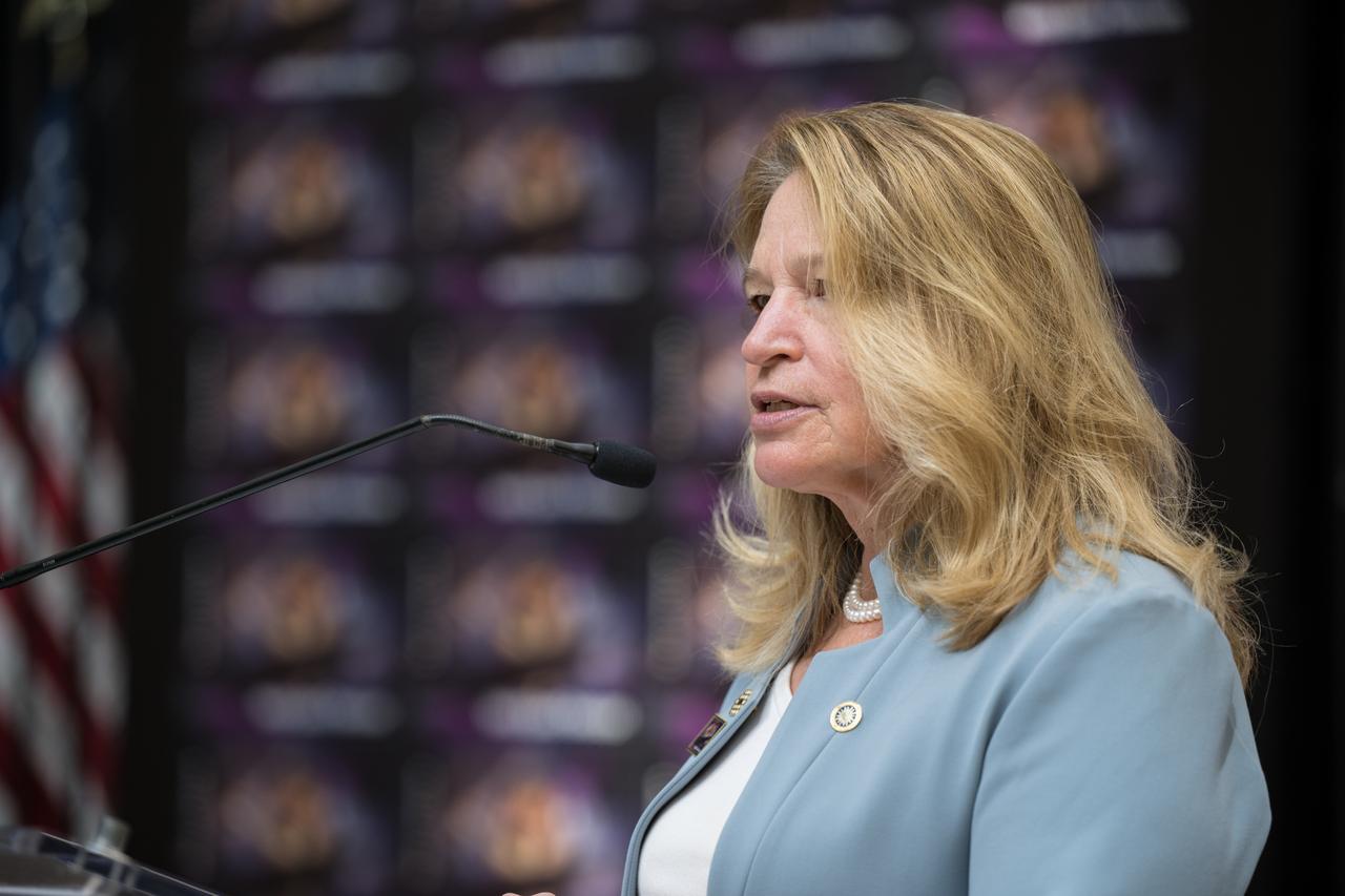 Smithsonian Institution Under Secretary for Service and Research, Ellen Stofan, provides remarks at the first-day-of-issue event for the United States Postal Service’s new stamp celebrating NASA’s James Webb Space Telescope (JWST) on Thursday, Sept. 8, 2022, at the Smithsonian’s National Postal Museum in Washington. The stamp, which features an illustration of the observatory, honors Webb’s mission to explore the unknown in our universe – solving mysteries in our solar system, looking beyond to distant worlds around other stars, and probing the structures and origins of our universe and our place in it. Photo Credit: (NASA/Aubrey Gemignani)