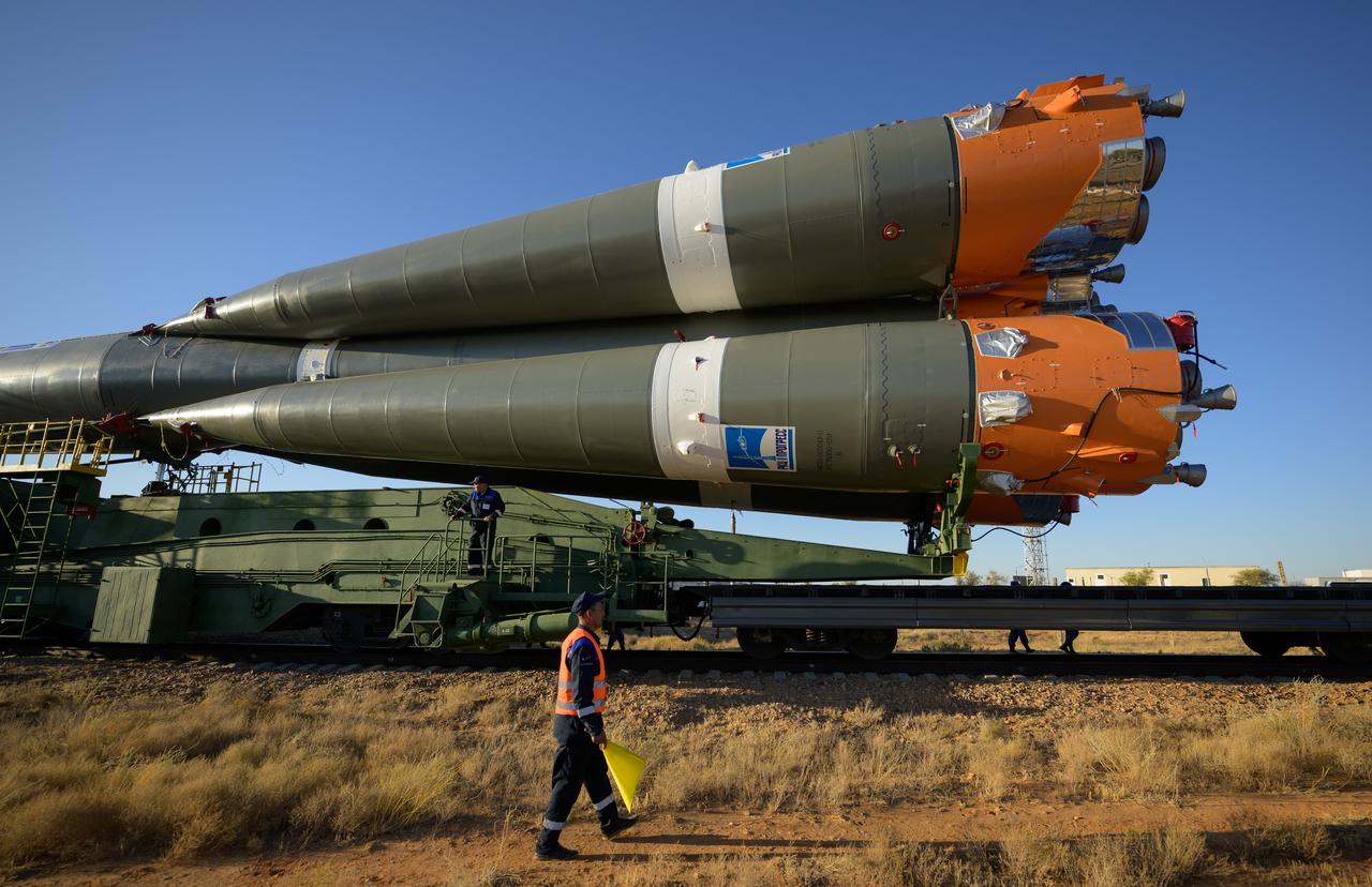 The Soyuz rocket is rolled out by train to the site 31 launch pad, Sunday, Sept. 18, 2022, at the Baikonur Cosmodrome in Kazakhstan. Expedition 68 astronaut Frank Rubio of NASA, and cosmonauts Sergey Prokopyev and Dmitri Petelin of Roscosmos are scheduled to launch aboard their Soyuz MS-22 spacecraft on Sept. 21. Photo Credit: (NASA/Bill Ingalls)