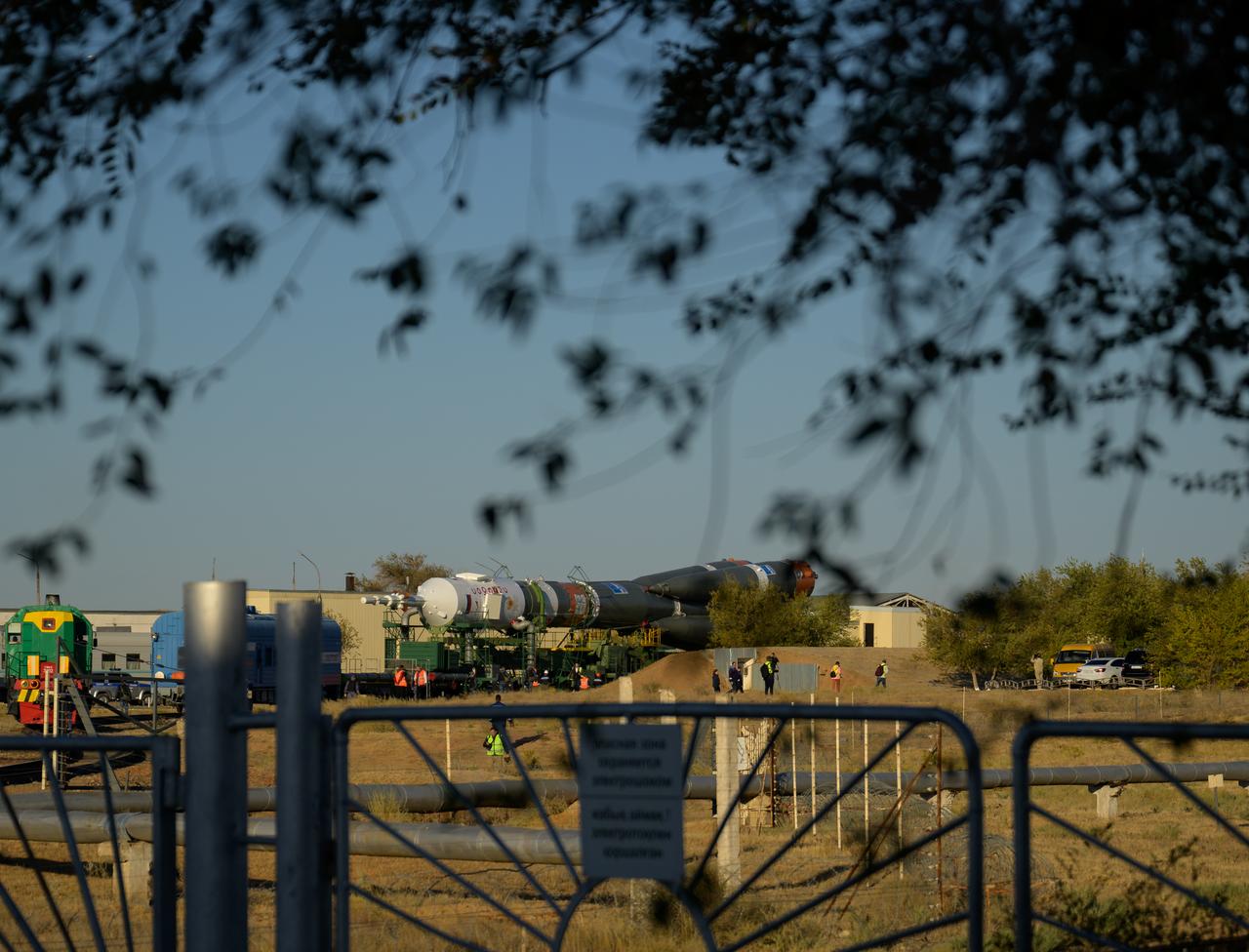 The Soyuz rocket is rolled out by train to the site 31 launch pad, Sunday, Sept. 18, 2022, at the Baikonur Cosmodrome in Kazakhstan. Expedition 68 astronaut Frank Rubio of NASA, and cosmonauts Sergey Prokopyev and Dmitri Petelin of Roscosmos are scheduled to launch aboard their Soyuz MS-22 spacecraft on Sept. 21. Photo Credit: (NASA/Bill Ingalls)