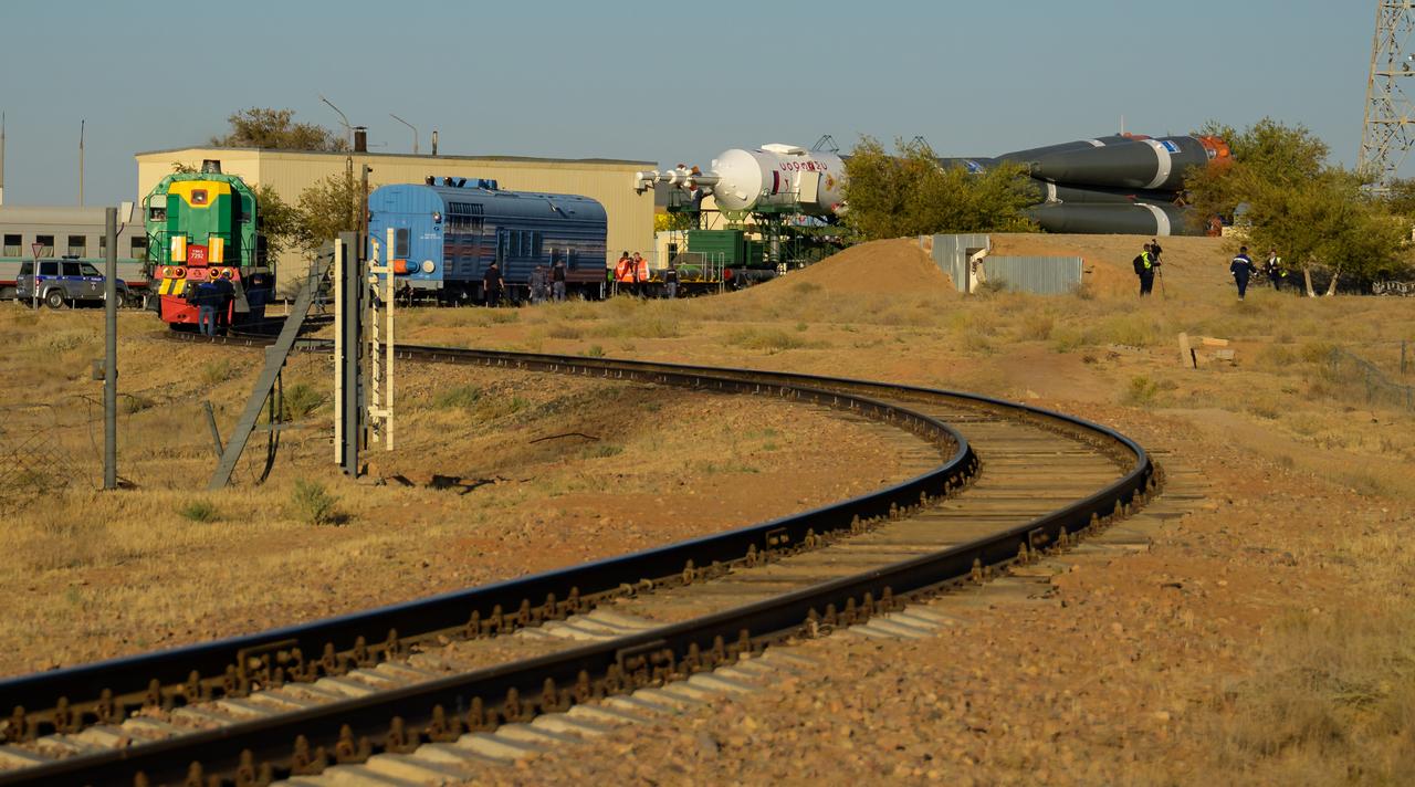 The Soyuz rocket is rolled out by train to the site 31 launch pad, Sunday, Sept. 18, 2022, at the Baikonur Cosmodrome in Kazakhstan. Expedition 68 astronaut Frank Rubio of NASA, and cosmonauts Sergey Prokopyev and Dmitri Petelin of Roscosmos are scheduled to launch aboard their Soyuz MS-22 spacecraft on Sept. 21. Photo Credit: (NASA/Bill Ingalls)