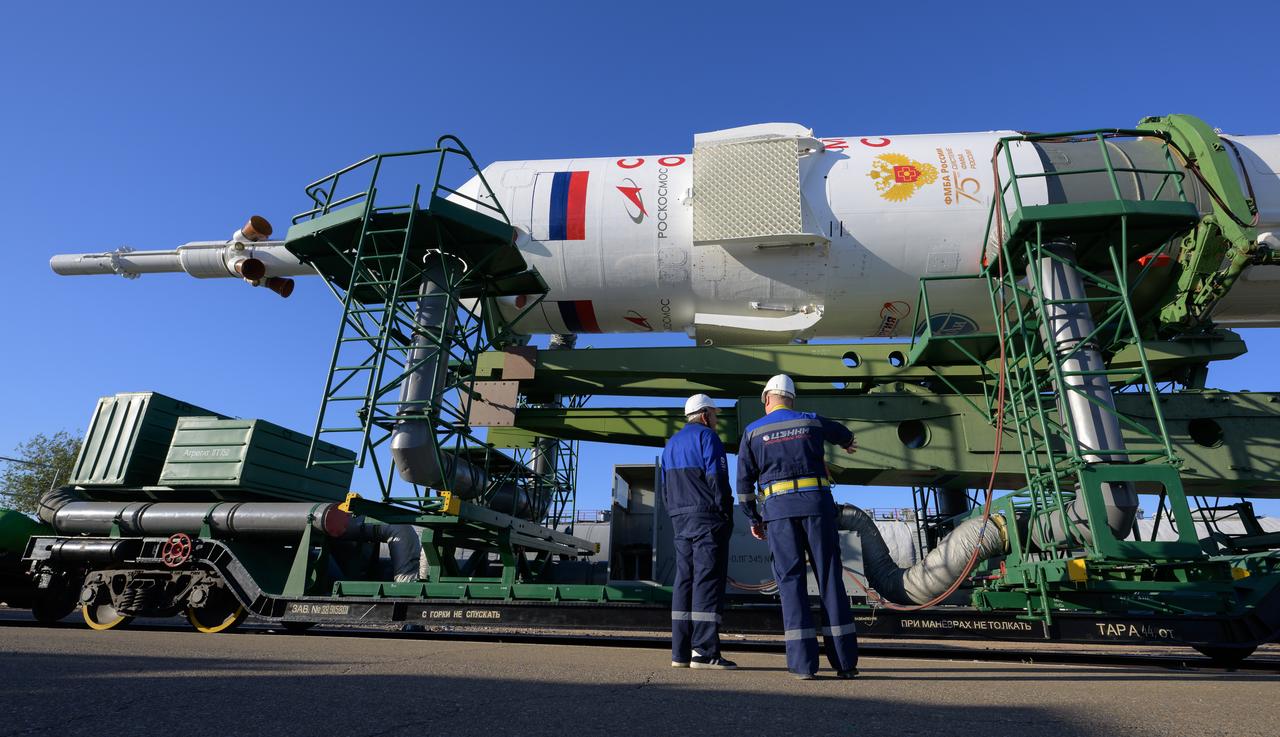 The Soyuz rocket is rolled out by train to the site 31 launch pad, Sunday, Sept. 18, 2022, at the Baikonur Cosmodrome in Kazakhstan. Expedition 68 astronaut Frank Rubio of NASA, and cosmonauts Sergey Prokopyev and Dmitri Petelin of Roscosmos are scheduled to launch aboard their Soyuz MS-22 spacecraft on Sept. 21. Photo Credit: (NASA/Bill Ingalls)