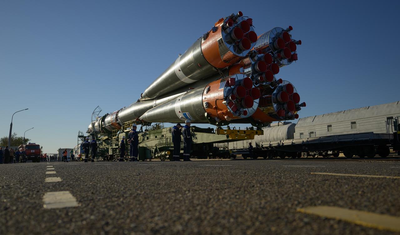 The Soyuz rocket is rolled out by train to the site 31 launch pad, Sunday, Sept. 18, 2022, at the Baikonur Cosmodrome in Kazakhstan. Expedition 68 astronaut Frank Rubio of NASA, and cosmonauts Sergey Prokopyev and Dmitri Petelin of Roscosmos are scheduled to launch aboard their Soyuz MS-22 spacecraft on Sept. 21. Photo Credit: (NASA/Bill Ingalls)