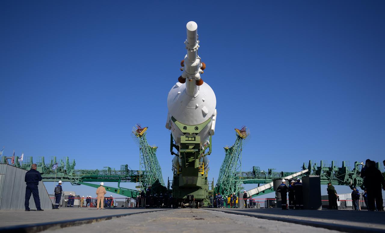 The Soyuz rocket is prepared to be raised vertical after having rolled out by train to the launch pad, Sunday, Sept. 18, 2022, at site 31 of the Baikonur Cosmodrome in Kazakhstan. Expedition 68 astronaut Frank Rubio of NASA, and cosmonauts Sergey Prokopyev and Dmitri Petelin of Roscosmos are scheduled to launch aboard their Soyuz MS-22 spacecraft on Sept. 21. Photo Credit: (NASA/Bill Ingalls)