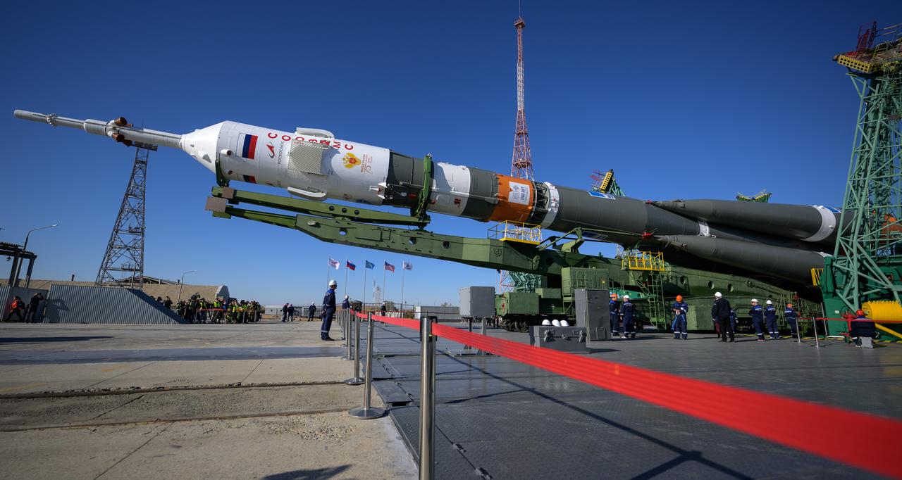 The Soyuz rocket is raised vertical after having rolled out by train to the launch pad, Sunday, Sept. 18, 2022, at site 31 of the Baikonur Cosmodrome in Kazakhstan. Expedition 68 astronaut Frank Rubio of NASA, and cosmonauts Sergey Prokopyev and Dmitri Petelin of Roscosmos are scheduled to launch aboard their Soyuz MS-22 spacecraft on Sept. 21. Photo Credit: (NASA/Bill Ingalls)