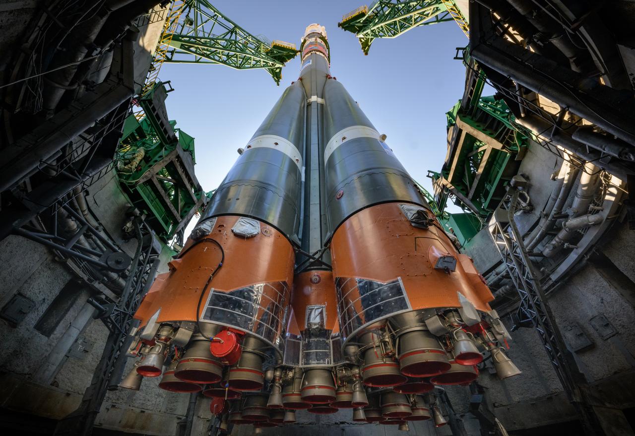 The Soyuz rocket is raised vertical after having rolled out by train to the launch pad, Sunday, Sept. 18, 2022, at site 31 of the Baikonur Cosmodrome in Kazakhstan. Expedition 68 astronaut Frank Rubio of NASA, and cosmonauts Sergey Prokopyev and Dmitri Petelin of Roscosmos are scheduled to launch aboard their Soyuz MS-22 spacecraft on Sept. 21. Photo Credit: (NASA/Bill Ingalls)