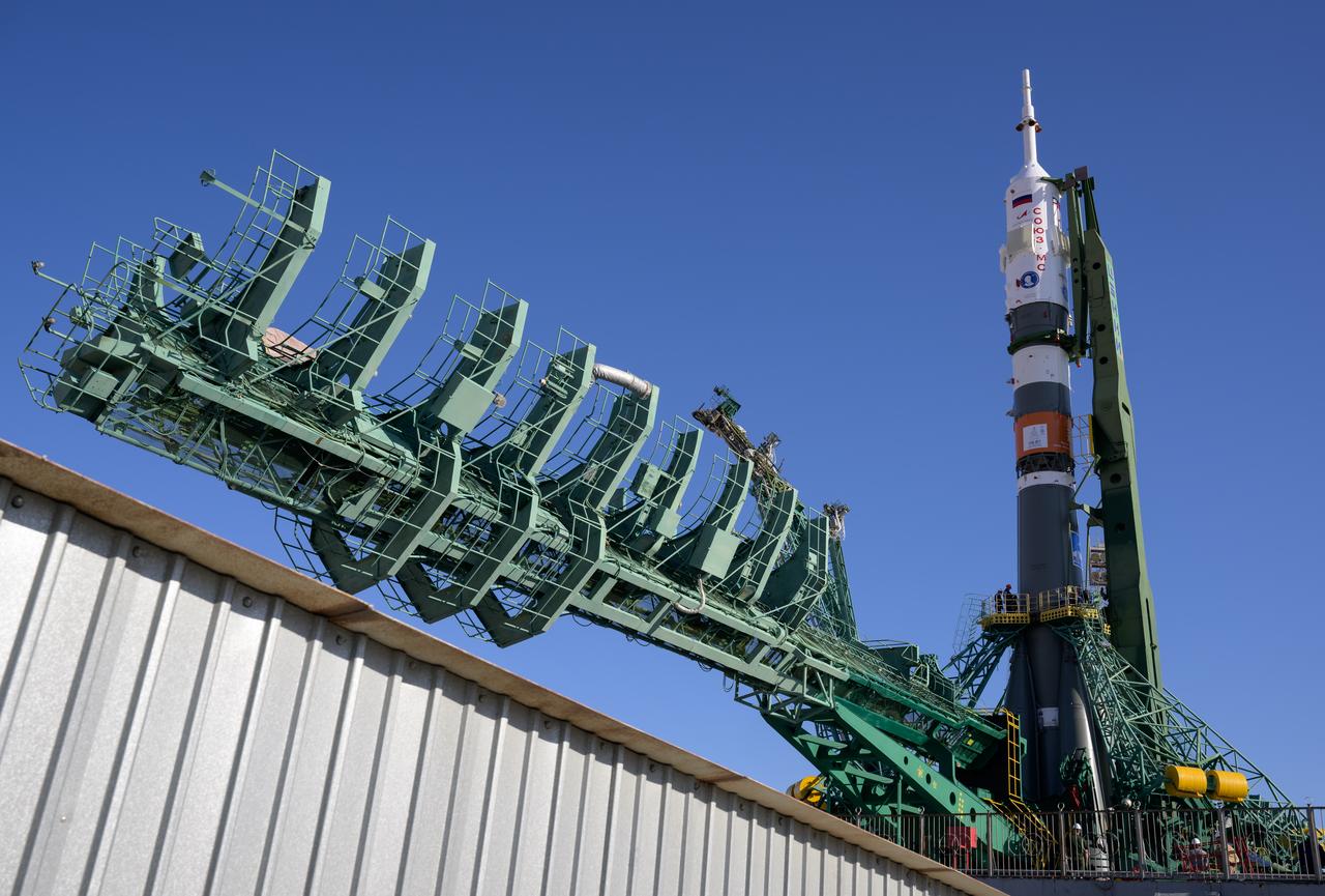 The Soyuz rocket is raised vertical after having rolled out by train to the launch pad, Sunday, Sept. 18, 2022, at site 31 of the Baikonur Cosmodrome in Kazakhstan. Expedition 68 astronaut Frank Rubio of NASA, and cosmonauts Sergey Prokopyev and Dmitri Petelin of Roscosmos are scheduled to launch aboard their Soyuz MS-22 spacecraft on Sept. 21. Photo Credit: (NASA/Bill Ingalls)