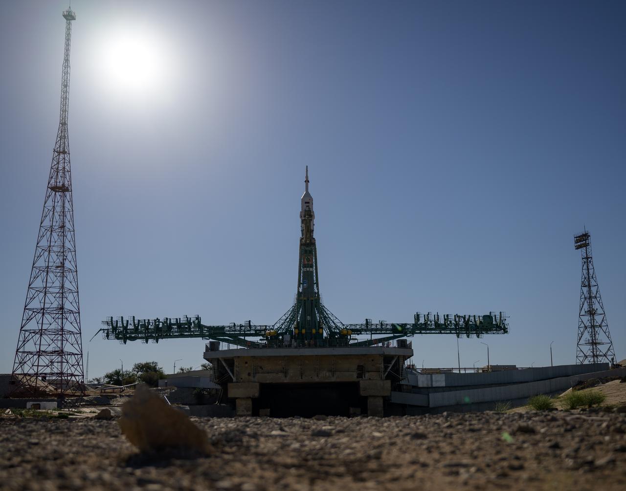 The Soyuz rocket is raised vertical after having rolled out by train to the launch pad, Sunday, Sept. 18, 2022, at site 31 of the Baikonur Cosmodrome in Kazakhstan. Expedition 68 astronaut Frank Rubio of NASA, and cosmonauts Sergey Prokopyev and Dmitri Petelin of Roscosmos are scheduled to launch aboard their Soyuz MS-22 spacecraft on Sept. 21. Photo Credit: (NASA/Bill Ingalls)