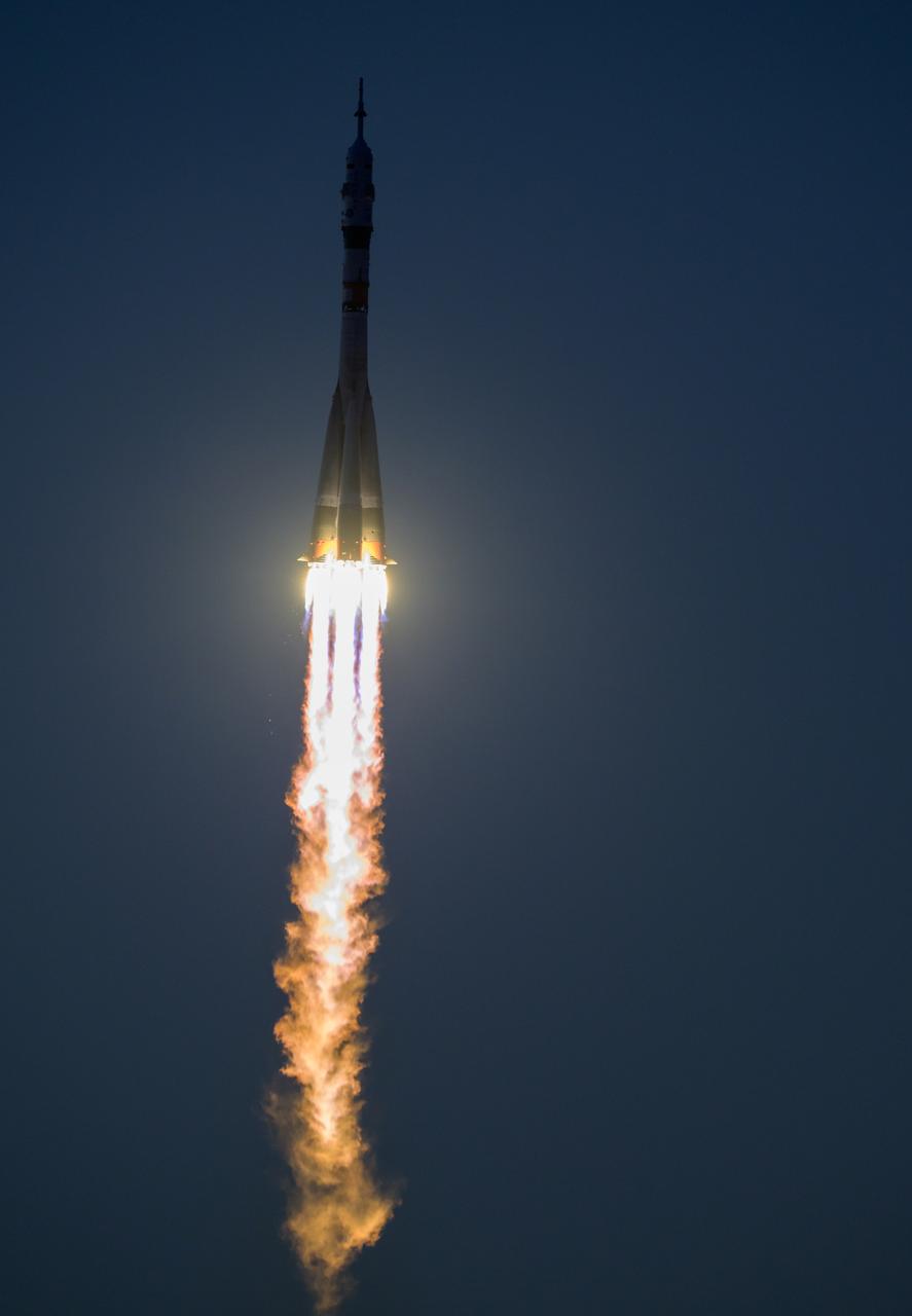 The Soyuz MS-22 rocket is launched to the International Space Station with Expedition 68 astronaut Frank Rubio of NASA, and cosmonauts Sergey Prokopyev and Dmitri Petelin of Roscosmos onboard, Wednesday, Sept. 21, 2022, from the Baikonur Cosmodrome in Kazakhstan. Rubio, Prokopyev, and Petelin will spend approximately six months on the orbital complex, returning to Earth in March 2023. Photo Credit: (NASA/Bill Ingalls)