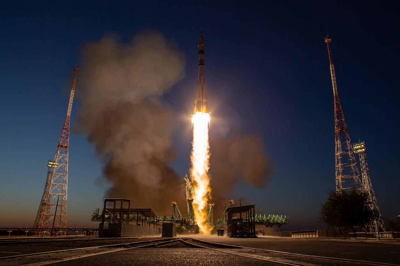 The Soyuz MS-22 rocket is launched to the International Space Station with Expedition 68 astronaut Frank Rubio of NASA, and cosmonauts Sergey Prokopyev and Dmitri Petelin of Roscosmos onboard, Wednesday, Sept. 21, 2022, from the Baikonur Cosmodrome in Kazakhstan. Rubio, Prokopyev, and Petelin will spend approximately six months on the orbital complex, returning to Earth in March 2023. Photo Credit: (NASA/Bill Ingalls)