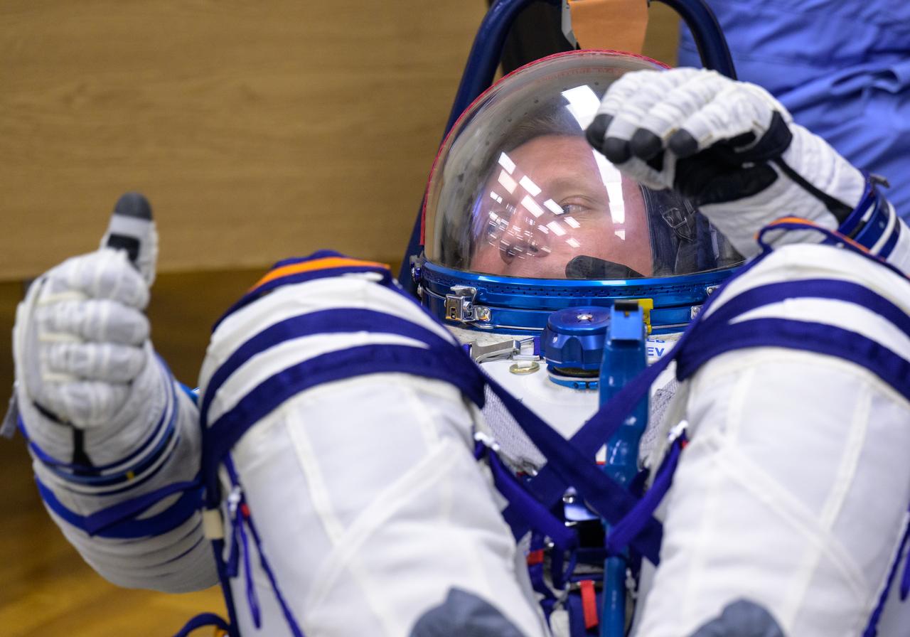 Expedition 68 cosmonaut Sergey Prokopyev of Roscosmos has his Russian Sokol suit pressure checked as he and fellow crewmates, Frank Rubio of NASA and Dmitri Petelin of Roscosmos, prepare for their Soyuz MS-22 spacecraft launch, Wednesday, Sept. 21, 2022, in Baikonur, Kazakhstan. Rubio, Prokopyev and Petelin launched onboard the Soyuz rocket from the Baikonur Cosmodrome for a mission on the International Space Station. Photo Credit: (NASA/Bill Ingalls)