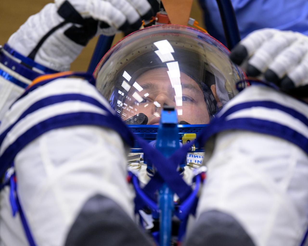 Expedition 68 cosmonaut Dmitri Petelin of Roscosmos has his Russian Sokol suit pressure checked as he and fellow crewmates, Frank Rubio of NASA and Sergey Prokopyev of Roscosmos, prepare for their Soyuz MS-22 spacecraft launch, Wednesday, Sept. 21, 2022, in Baikonur, Kazakhstan. Rubio, Prokopyev and Petelin launched onboard the Soyuz rocket from the Baikonur Cosmodrome for a mission on the International Space Station. Photo Credit: (NASA/Bill Ingalls)