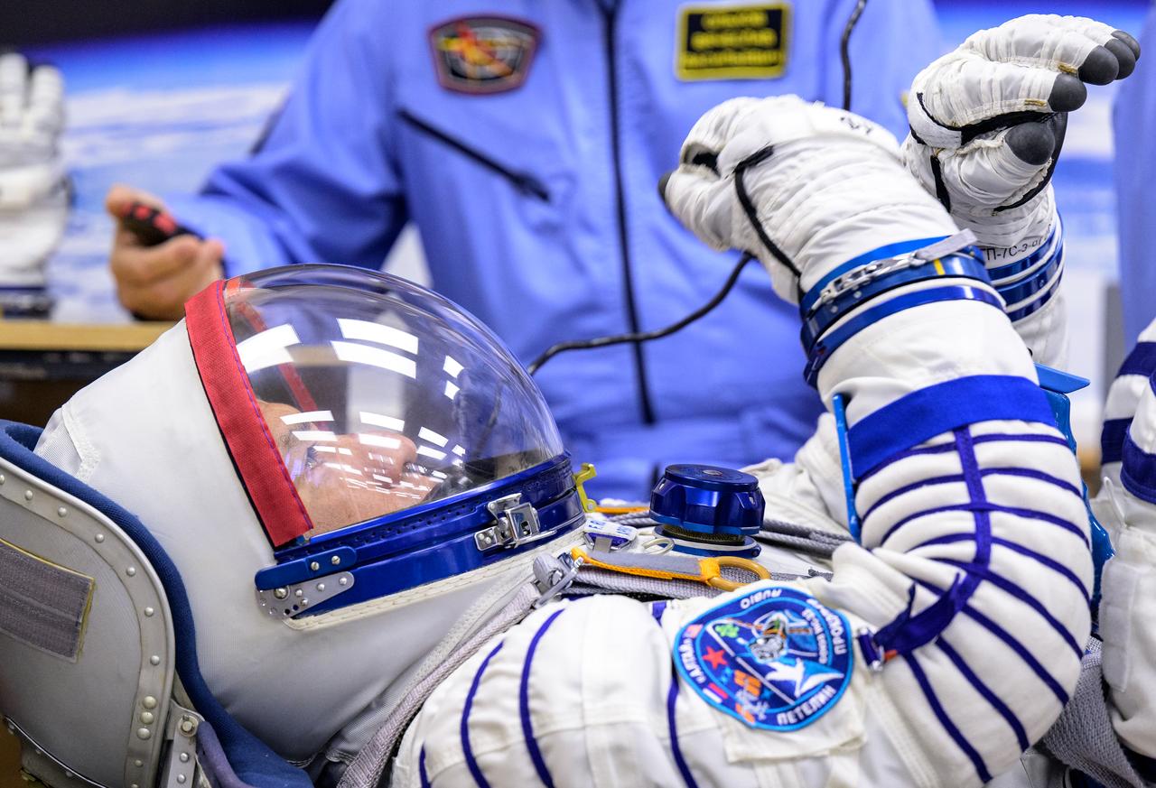 Expedition 68 astronaut Frank Rubio of NASA has his Russian Sokol suit pressure checked as he and fellow crewmates, Sergey Prokopyev and Dmitri Petelin of Roscosmos, prepare for their Soyuz MS-22 spacecraft launch, Wednesday, Sept. 21, 2022, in Baikonur, Kazakhstan. Rubio, Prokopyev and Petelin launched onboard the Soyuz rocket from the Baikonur Cosmodrome for a mission on the International Space Station. Photo Credit: (NASA/Bill Ingalls)