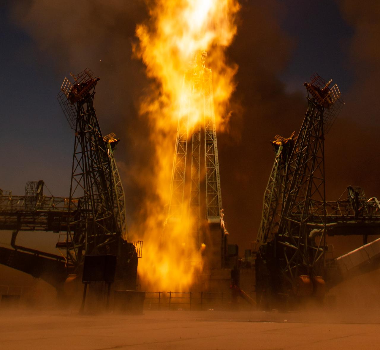 The Soyuz MS-22 rocket is launched to the International Space Station with Expedition 68 astronaut Frank Rubio of NASA, and cosmonauts Sergey Prokopyev and Dmitri Petelin of Roscosmos onboard, Wednesday, Sept. 21, 2022, from the Baikonur Cosmodrome in Kazakhstan. Rubio, Prokopyev, and Petelin will spend approximately six months on the orbital complex, returning to Earth in March 2023. Photo Credit: (NASA/Bill Ingalls)