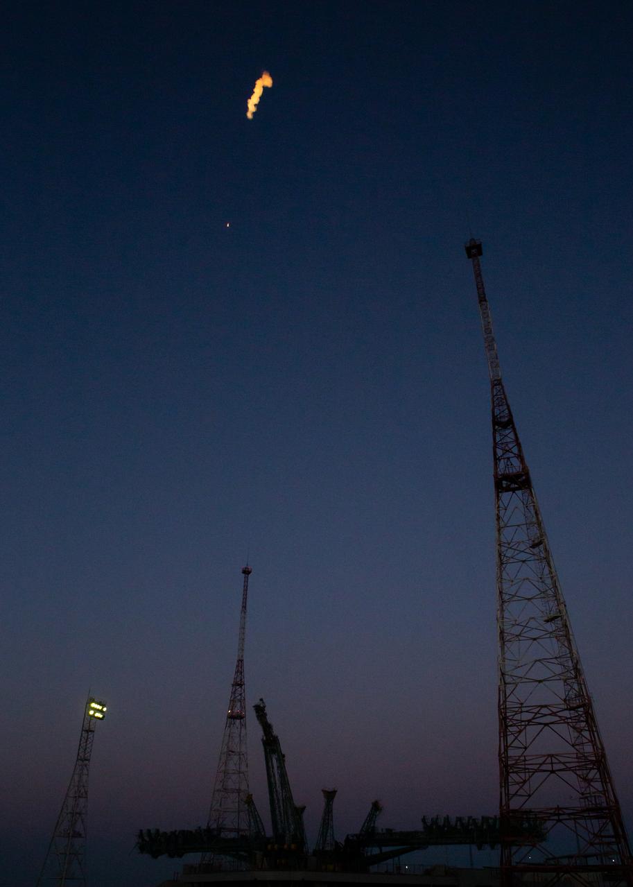 The Soyuz MS-22 rocket is launched to the International Space Station with Expedition 68 astronaut Frank Rubio of NASA, and cosmonauts Sergey Prokopyev and Dmitri Petelin of Roscosmos onboard, Wednesday, Sept. 21, 2022, from the Baikonur Cosmodrome in Kazakhstan. Rubio, Prokopyev, and Petelin will spend approximately six months on the orbital complex, returning to Earth in March 2023. Photo Credit: (NASA/Bill Ingalls)