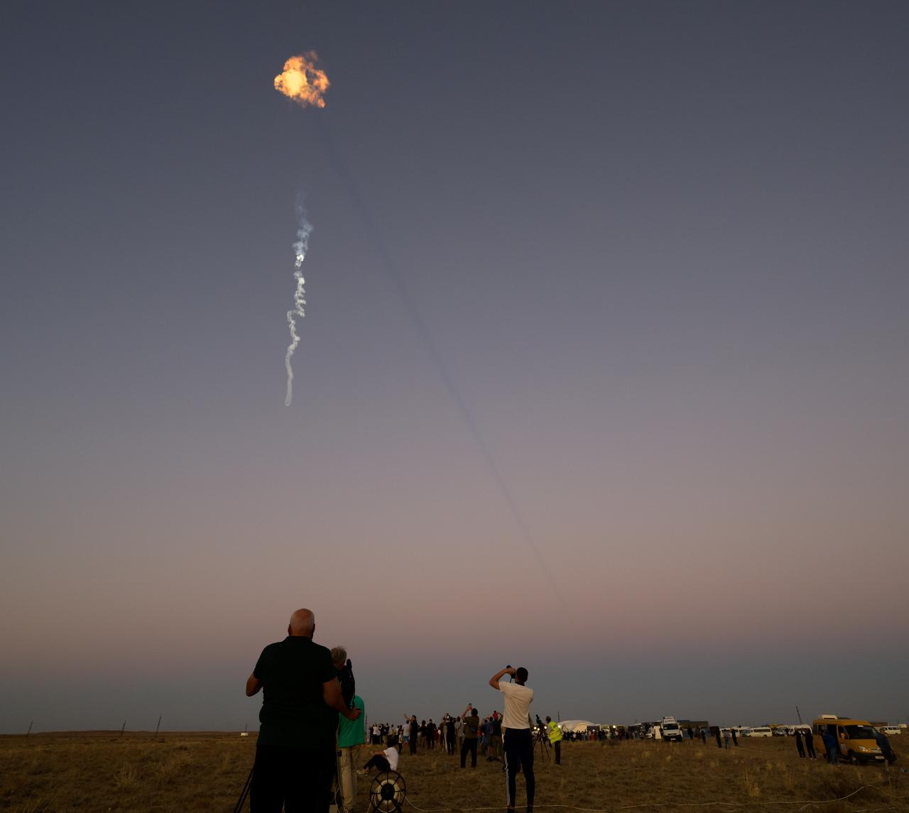 The Soyuz MS-22 rocket is launched to the International Space Station with Expedition 68 astronaut Frank Rubio of NASA, and cosmonauts Sergey Prokopyev and Dmitri Petelin of Roscosmos onboard, Wednesday, Sept. 21, 2022, from the Baikonur Cosmodrome in Kazakhstan. Rubio, Prokopyev, and Petelin will spend approximately six months on the orbital complex, returning to Earth in March 2023. Photo Credit: (NASA/Bill Ingalls)
