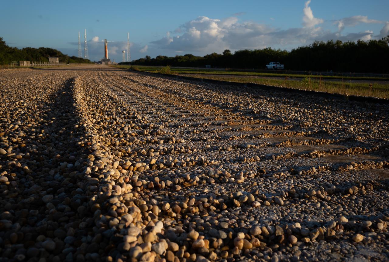 Crushed river rocks are seen on the crawlerway leading to Launch Pad 39B after Crawler Transporter-2 (CT-2) rolled NASA’s Space Launch System (SLS) rocket with the Orion spacecraft aboard atop the mobile launcher out to the pad, Friday, Nov. 4, 2022, at NASA’s Kennedy Space Center in Florida. NASA’s Artemis I mission is the first integrated test of the agency’s deep space exploration systems: the Orion spacecraft, SLS rocket, and supporting ground systems. Launch of the uncrewed flight test is targeted for Nov. 14 at 12:07 a.m. EST. Photo Credit: (NASA/Joel Kowsky)