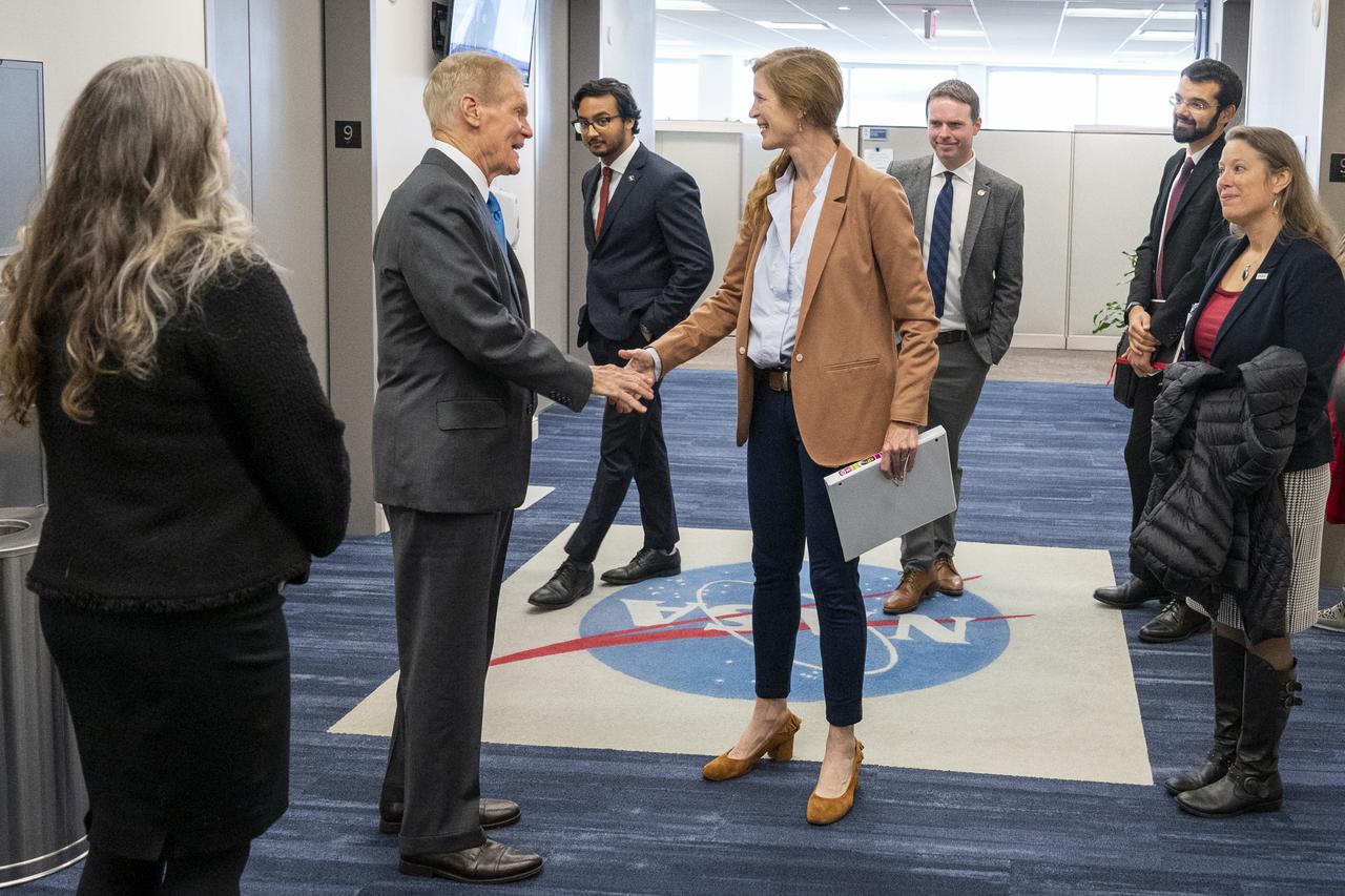 NASA Administrator Bill Nelson meets with USAID Administrator Samantha Power and staff prior to signing a NASA-USAID Memorandum of Understanding (MoU) Friday, Nov. 4, 2022, at the Mary W. Jackson NASA Headquarters building in Washington. The MoU will enhance and expand the Agencies’ longstanding partnership that promotes science and technology solutions to address international development challenges in areas such as global health, climate change, food security, disaster mitigation and response, biodiversity conservation, and environmental management for sustainable development. Photo Credit: (NASA/Keegan Barber)