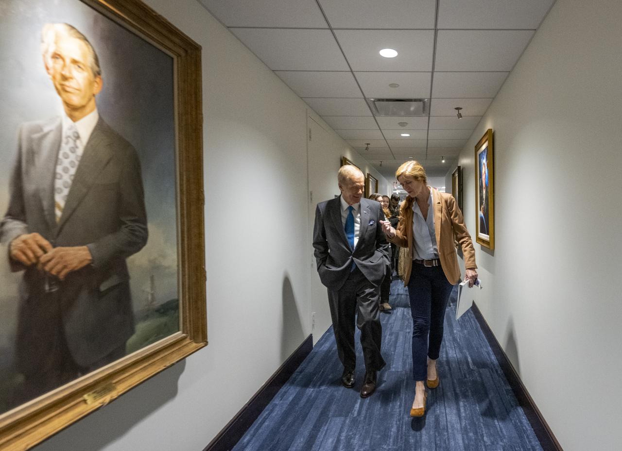 NASA Administrator Bill Nelson meets with USAID Administrator Samantha Power and staff prior to signing a NASA-USAID Memorandum of Understanding (MoU) Friday, Nov. 4, 2022, at the Mary W. Jackson NASA Headquarters building in Washington. The MoU will enhance and expand the Agencies’ longstanding partnership that promotes science and technology solutions to address international development challenges in areas such as global health, climate change, food security, disaster mitigation and response, biodiversity conservation, and environmental management for sustainable development. Photo Credit: (NASA/Keegan Barber)
