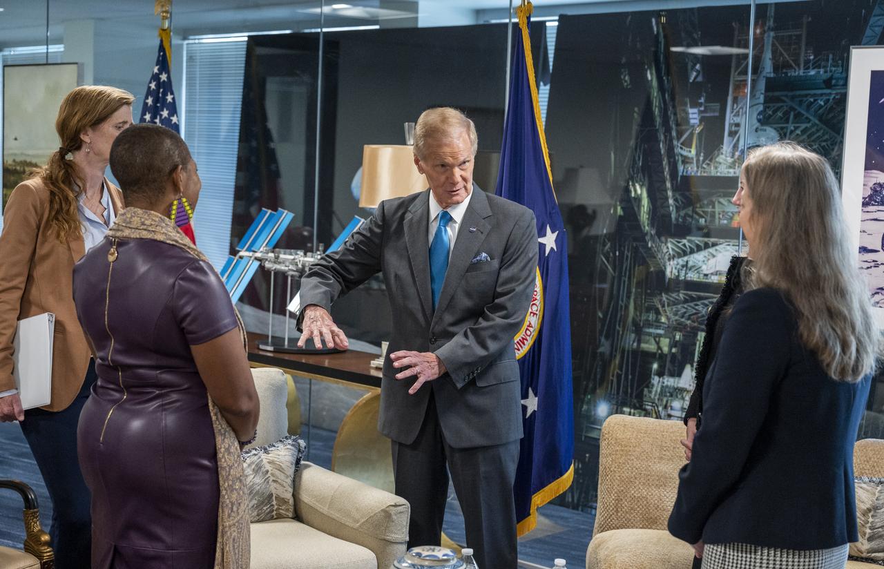 NASA Administrator Bill Nelson meets with USAID Administrator Samantha Power and staff prior to signing a NASA-USAID Memorandum of Understanding (MoU) Friday, Nov. 4, 2022, at the Mary W. Jackson NASA Headquarters building in Washington. The MoU will enhance and expand the Agencies’ longstanding partnership that promotes science and technology solutions to address international development challenges in areas such as global health, climate change, food security, disaster mitigation and response, biodiversity conservation, and environmental management for sustainable development. Photo Credit: (NASA/Keegan Barber)