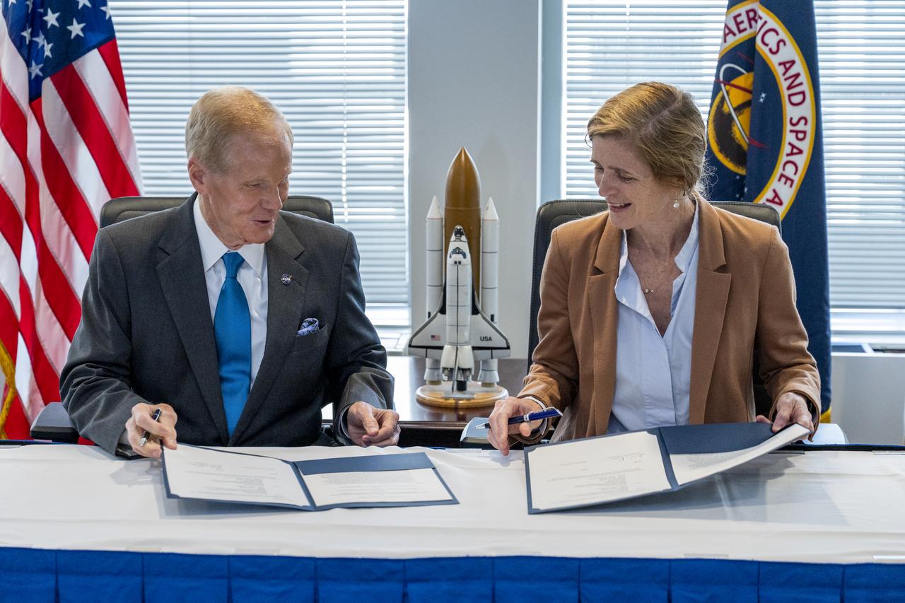 NASA Administrator Bill Nelson and USAID Administrator Samantha Power participate in a NASA-USAID Memorandum of Understanding (MoU) signing ceremony Friday, Nov. 4, 2022, at the Mary W. Jackson NASA Headquarters building in Washington. The MoU will enhance and expand the Agencies’ longstanding partnership that promotes science and technology solutions to address international development challenges in areas such as global health, climate change, food security, disaster mitigation and response, biodiversity conservation, and environmental management for sustainable development. Photo Credit: (NASA/Keegan Barber)