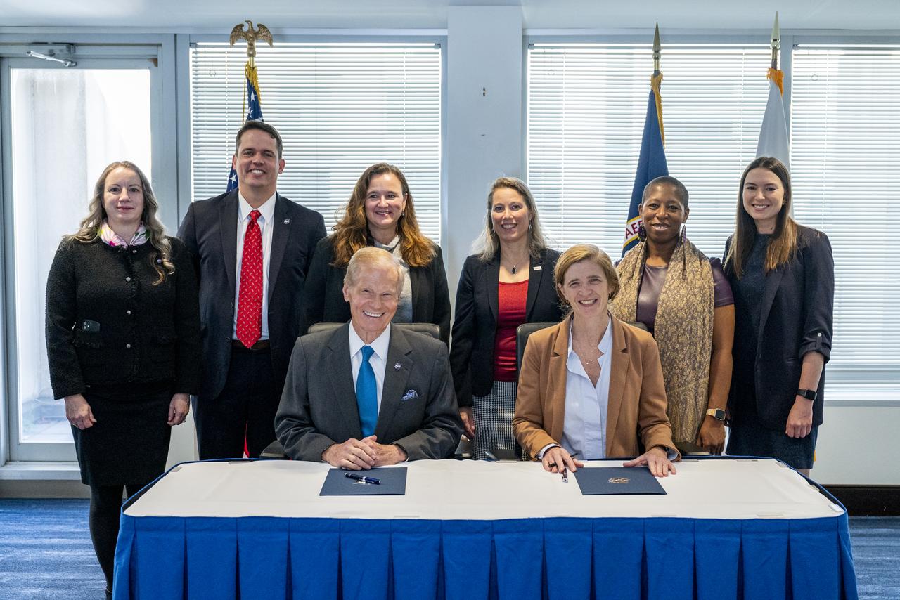 NASA Administrator Bill Nelson and USAID Administrator Samantha Power participate in a NASA-USAID Memorandum of Understanding (MoU) signing ceremony Friday, Nov. 4, 2022, at the Mary W. Jackson NASA Headquarters building in Washington. The MoU will enhance and expand the Agencies’ longstanding partnership that promotes science and technology solutions to address international development challenges in areas such as global health, climate change, food security, disaster mitigation and response, biodiversity conservation, and environmental management for sustainable development. Photo Credit: (NASA/Keegan Barber)