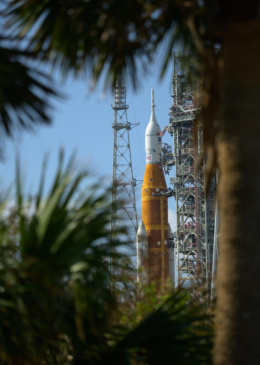 NASA’s Space Launch System (SLS) rocket with the Orion spacecraft aboard is seen atop a mobile launcher at Launch Pad 39B as preparations for launch continue, Monday, Nov. 14, 2022, at NASA’s Kennedy Space Center in Florida. NASA’s Artemis I flight test is the first integrated test of the agency’s deep space exploration systems: the Orion spacecraft, SLS rocket, and supporting ground systems. Launch of the uncrewed flight test is targeted for no earlier than Nov. 16 at 1:04 a.m. EST. Photo Credit: (NASA/Bill Ingalls)