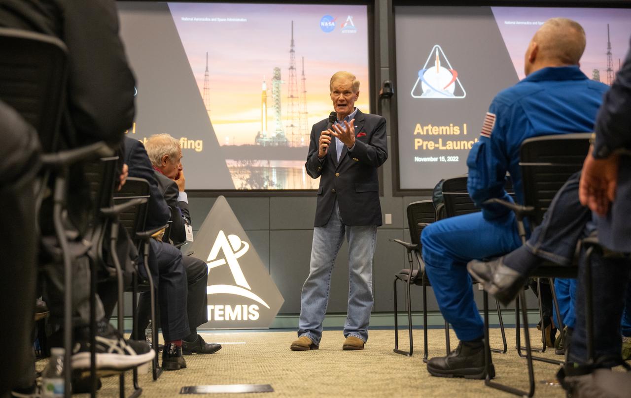 NASA Administrator Bill Nelson gives remarks ahead of the launch of NASA’s Space Launch System rocket carrying the Orion spacecraft on the Artemis I flight test, Tuesday, Nov. 15, 2022, from Operations and Support Building II at NASA’s Kennedy Space Center in Florida. NASA’s Artemis I flight test is the first integrated flight test of the agency’s deep space exploration systems: the Orion spacecraft, Space Launch System (SLS) rocket, and ground systems. Photo Credit: (NASA/Bill Ingalls)