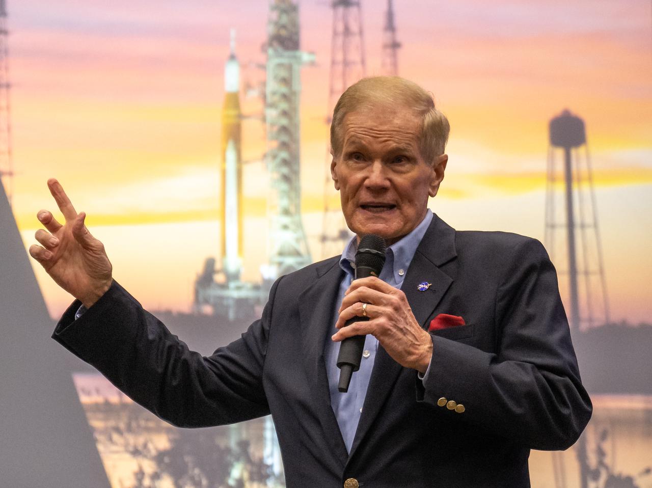NASA Administrator Bill Nelson gives remarks ahead of the launch of NASA’s Space Launch System rocket carrying the Orion spacecraft on the Artemis I flight test, Tuesday, Nov. 15, 2022, from Operations and Support Building II at NASA’s Kennedy Space Center in Florida. NASA’s Artemis I flight test is the first integrated flight test of the agency’s deep space exploration systems: the Orion spacecraft, Space Launch System (SLS) rocket, and ground systems. Photo Credit: (NASA/Bill Ingalls)