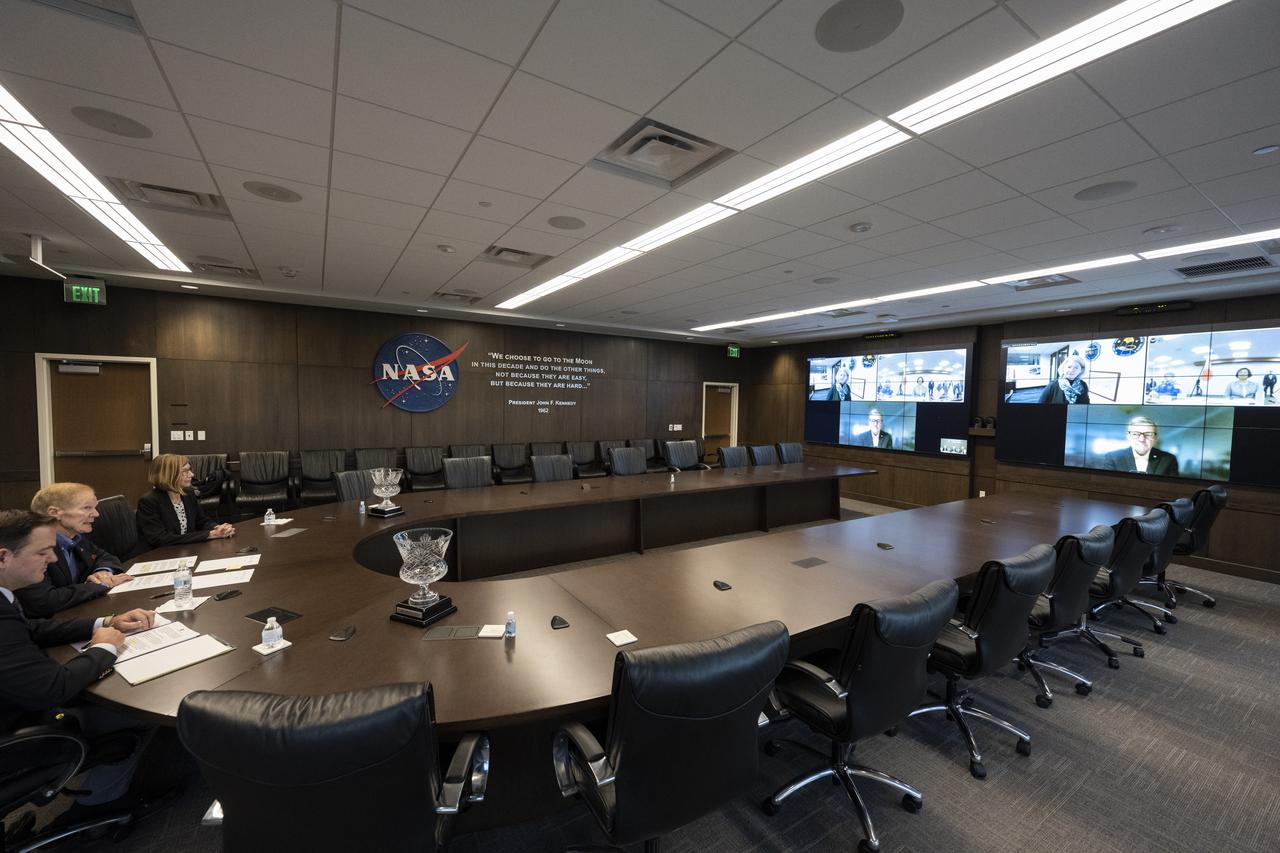 NASA Administrator Bill Nelson, joined by NASA Leadership, delivers opening remarks during a virtual meeting hosted by Japanese Minister of Education, Culture, Sports, Science and Technology (MEXT) Keiko Nagaoka prior to signing a Gateway implementing agreement Thursday, Nov. 17, 2022, at NASA’s Kennedy Space Center in Florida. Photo Credit: (NASA/Keegan Barber)