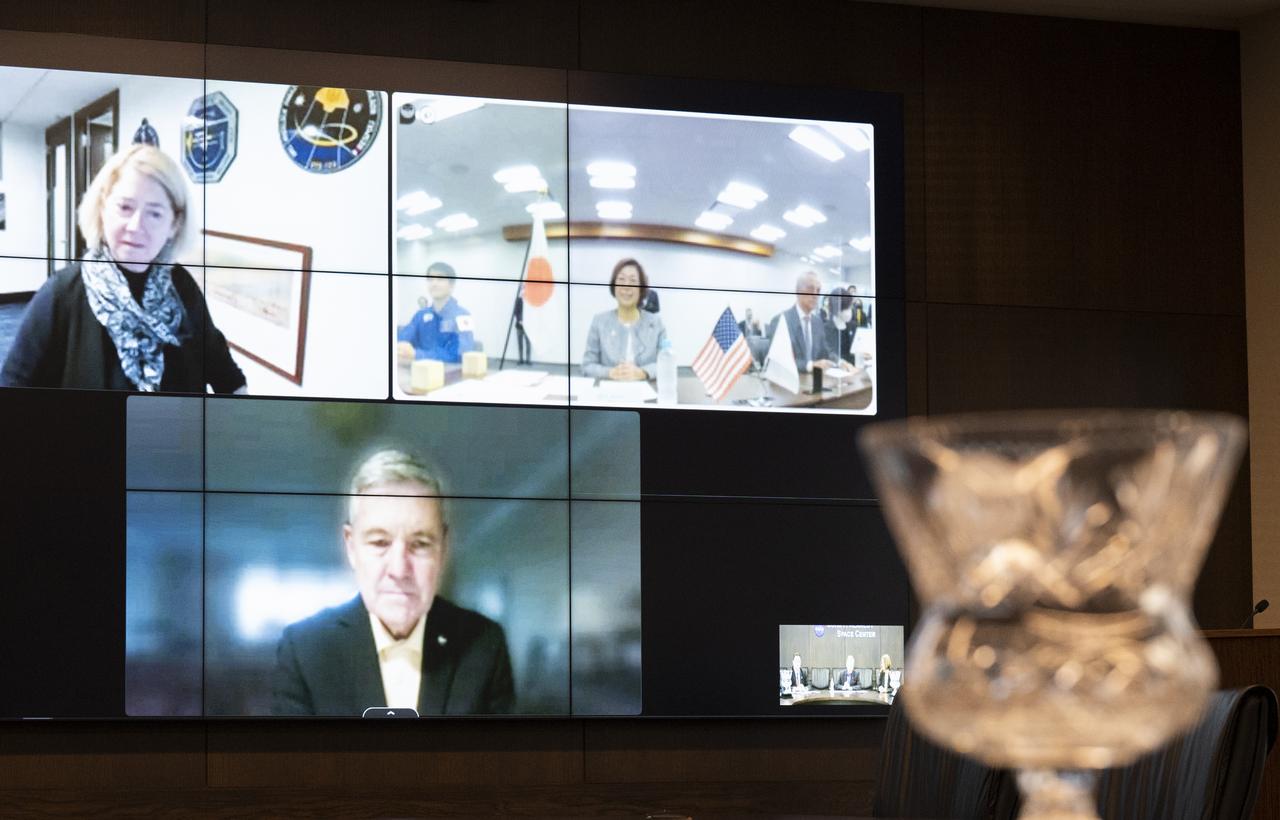 NASA Administrator Bill Nelson, joined by NASA Leadership, attends a virtual meeting hosted by Japanese Minister of Education, Culture, Sports, Science and Technology (MEXT) Keiko Nagaoka following the signing of a Gateway implementing agreement Thursday, Nov. 17, 2022, at NASA’s Kennedy Space Center in Florida. Photo Credit: (NASA/Keegan Barber)