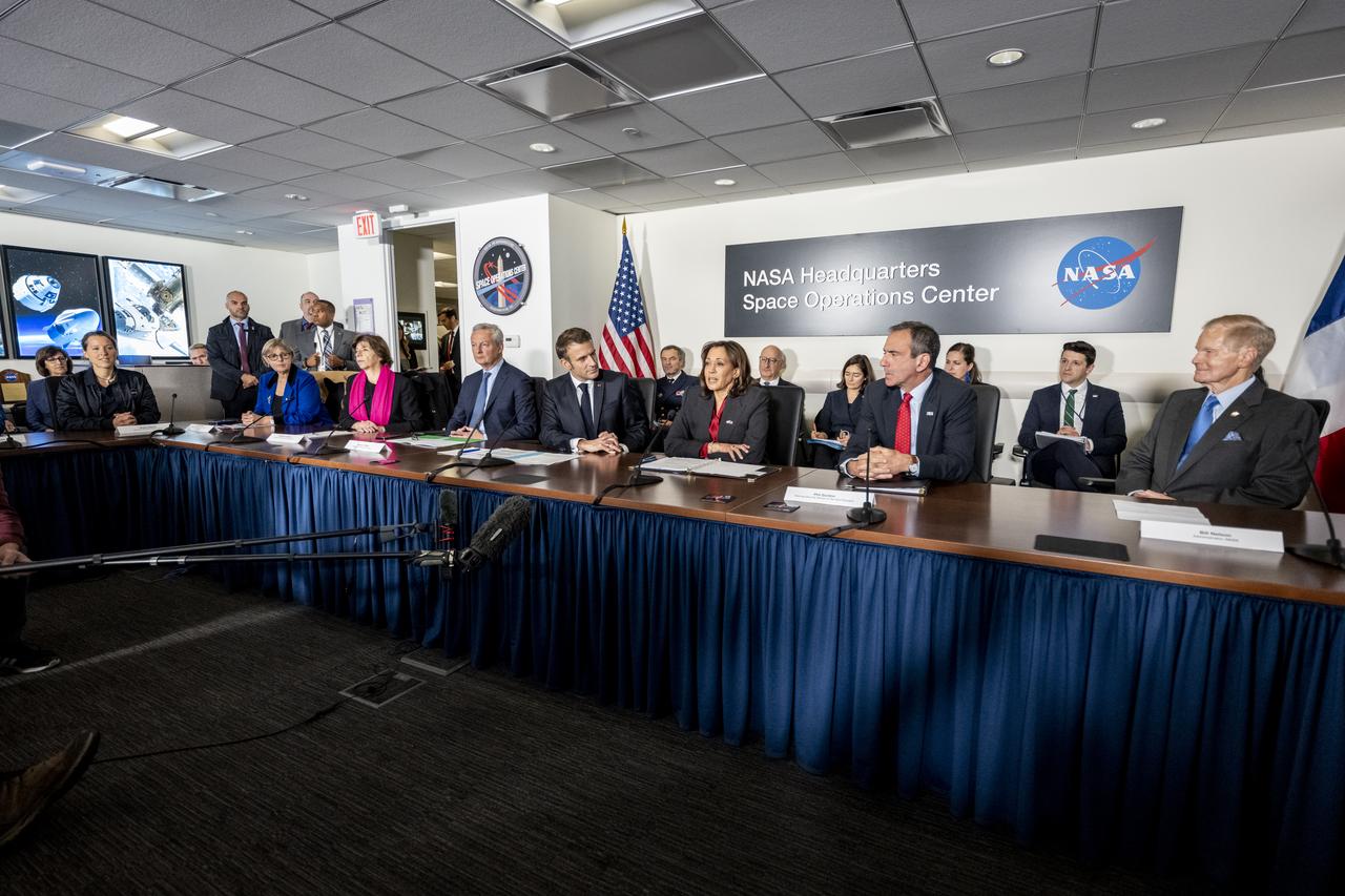 Vice President Kamala Harris delivers remarks prior to meeting with French President Emmanuel Macron and NASA Administrator Bill Nelson for an Earth Science briefing, Wednesday, Nov. 30, 2022, at the Mary W. Jackson NASA Headquarters building in Washington. Administrator Nelson and Vice President Harris met with French President Emmanuel Macron to highlight space cooperation between the United States and France. Photo Credit: (NASA/Keegan Barber)