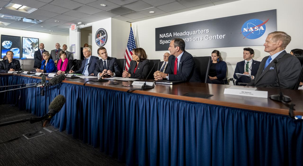 French President Emmanuel Macron delivers remarks prior to meeting with Vice President Kamala Harris and NASA Administrator Bill Nelson for an Earth Science briefing, Wednesday, Nov. 30, 2022, at the Mary W. Jackson NASA Headquarters building in Washington. Administrator Nelson and Vice President Harris met with French President Emmanuel Macron to highlight space cooperation between the United States and France. Photo Credit: (NASA/Keegan Barber)