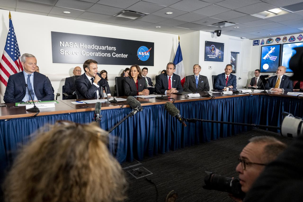 French President Emmanuel Macron delivers remarks prior to meeting with Vice President Kamala Harris and NASA Administrator Bill Nelson for an Earth Science briefing, Wednesday, Nov. 30, 2022, at the Mary W. Jackson NASA Headquarters building in Washington. Administrator Nelson and Vice President Harris met with French President Emmanuel Macron to highlight space cooperation between the United States and France. Photo Credit: (NASA/Keegan Barber)