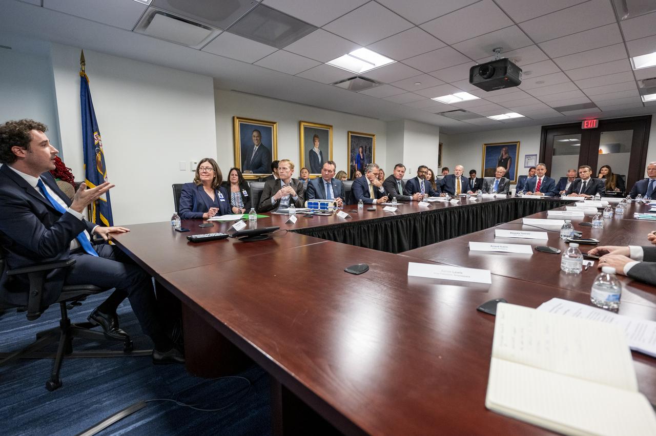French President Emmanuel Macron and NASA Administrator Bill Nelson participate in an industry roundtable, Wednesday, Nov. 30, 2022, at the Mary W. Jackson NASA Headquarters building in Washington. Administrator Nelson and French President Emmanuel Macron met to highlight space cooperation between the United States and France. Photo Credit: (NASA/Keegan Barber)