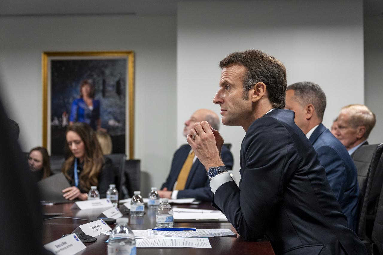 French President Emmanuel Macron and NASA Administrator Bill Nelson participate in an industry roundtable, Wednesday, Nov. 30, 2022, at the Mary W. Jackson NASA Headquarters building in Washington. Administrator Nelson and French President Emmanuel Macron met to highlight space cooperation between the United States and France. Photo Credit: (NASA/Keegan Barber)