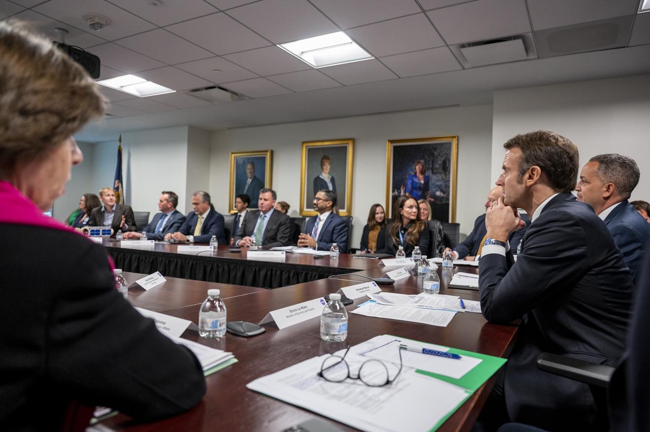 French President Emmanuel Macron and NASA Administrator Bill Nelson participate in an industry roundtable, Wednesday, Nov. 30, 2022, at the Mary W. Jackson NASA Headquarters building in Washington. Administrator Nelson and French President Emmanuel Macron met to highlight space cooperation between the United States and France. Photo Credit: (NASA/Keegan Barber)