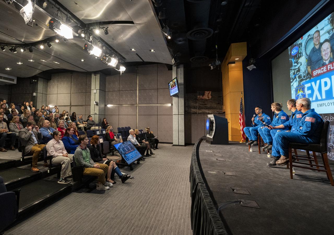 NASA’s SpaceX Crew-3 astronauts, from left to right, Raja Chari, Kayla Barron, Tom Marshburn, and Mark Vande Hei participate in an employee engagement event, Wednesday, Dec. 7, 2022, at the Mary W. Jackson NASA Headquarters Building in Washington. Photo Credit: (NASA/Keegan Barber)