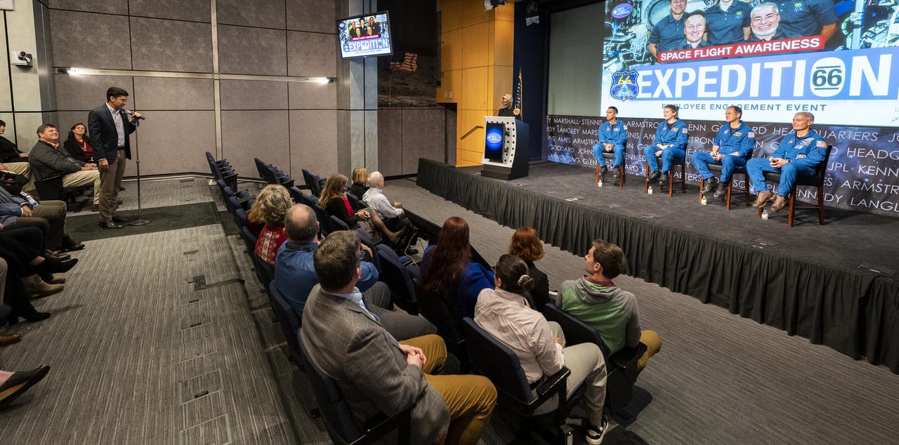 NASA’s SpaceX Crew-3 astronauts, from left to right, Raja Chari, Kayla Barron, Tom Marshburn, and Mark Vande Hei participate in an employee engagement event, Wednesday, Dec. 7, 2022, at the Mary W. Jackson NASA Headquarters Building in Washington. Photo Credit: (NASA/Keegan Barber)
