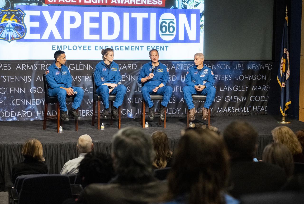 NASA’s SpaceX Crew-3 astronauts, from left to right, Raja Chari, Kayla Barron, Tom Marshburn, and Mark Vande Hei participate in an employee engagement event, Wednesday, Dec. 7, 2022, at the Mary W. Jackson NASA Headquarters Building in Washington. Photo Credit: (NASA/Keegan Barber)