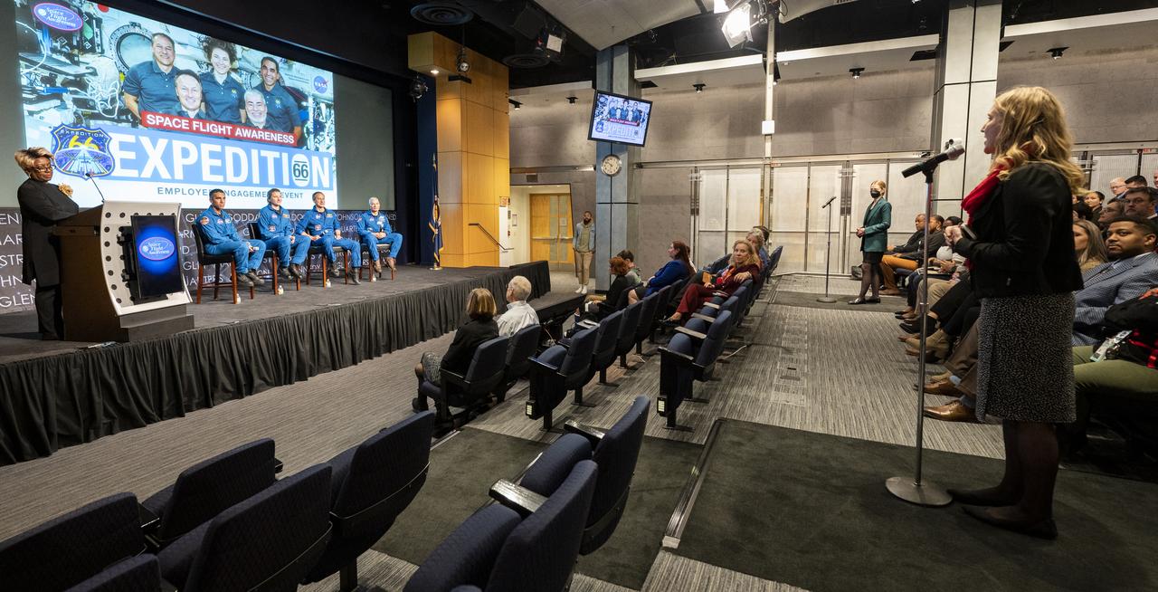 NASA’s SpaceX Crew-3 astronauts, from left to right, Raja Chari, Kayla Barron, Tom Marshburn, and Mark Vande Hei participate in an employee engagement event, Wednesday, Dec. 7, 2022, at the Mary W. Jackson NASA Headquarters Building in Washington. Photo Credit: (NASA/Keegan Barber)