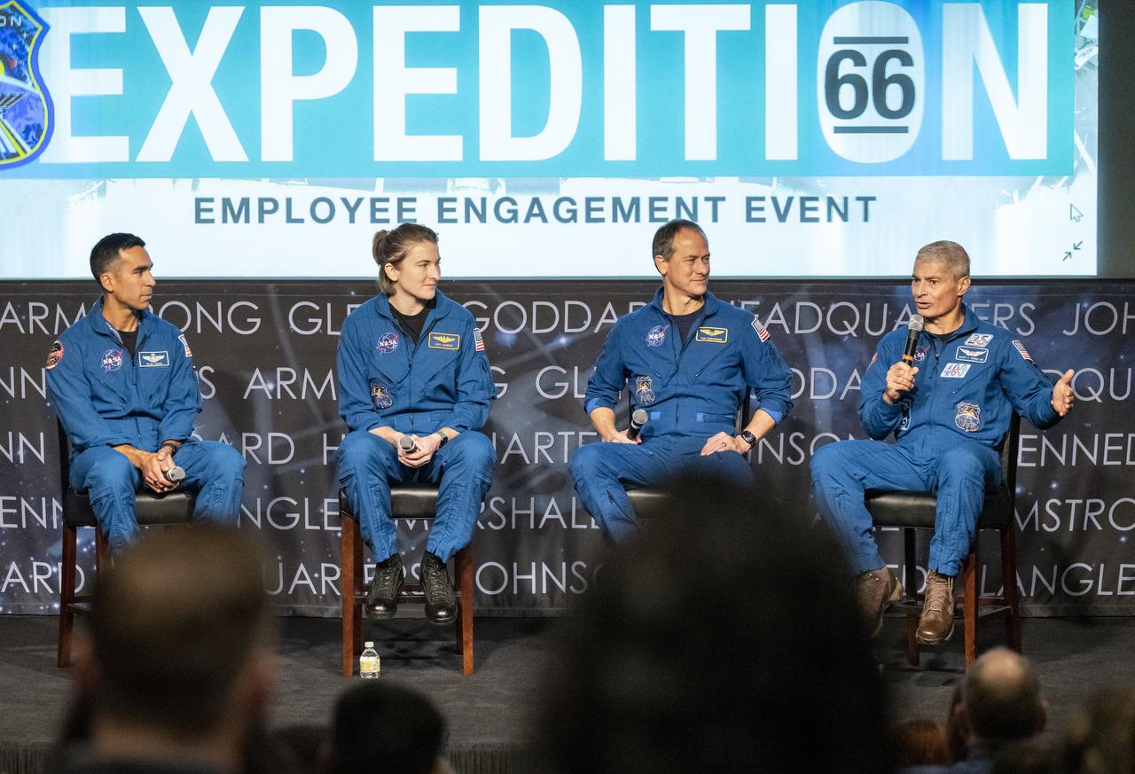 NASA’s SpaceX Crew-3 astronauts, from left to right, Raja Chari, Kayla Barron, Tom Marshburn, and Mark Vande Hei participate in an employee engagement event, Wednesday, Dec. 7, 2022, at the Mary W. Jackson NASA Headquarters Building in Washington. Photo Credit: (NASA/Keegan Barber)