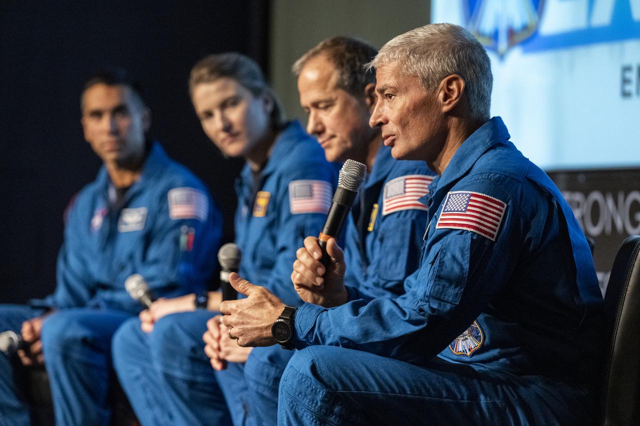 NASA’s SpaceX Crew-3 astronauts, from left to right, Raja Chari, Kayla Barron, Tom Marshburn, and Mark Vande Hei participate in an employee engagement event, Wednesday, Dec. 7, 2022, at the Mary W. Jackson NASA Headquarters Building in Washington. Photo Credit: (NASA/Keegan Barber)
