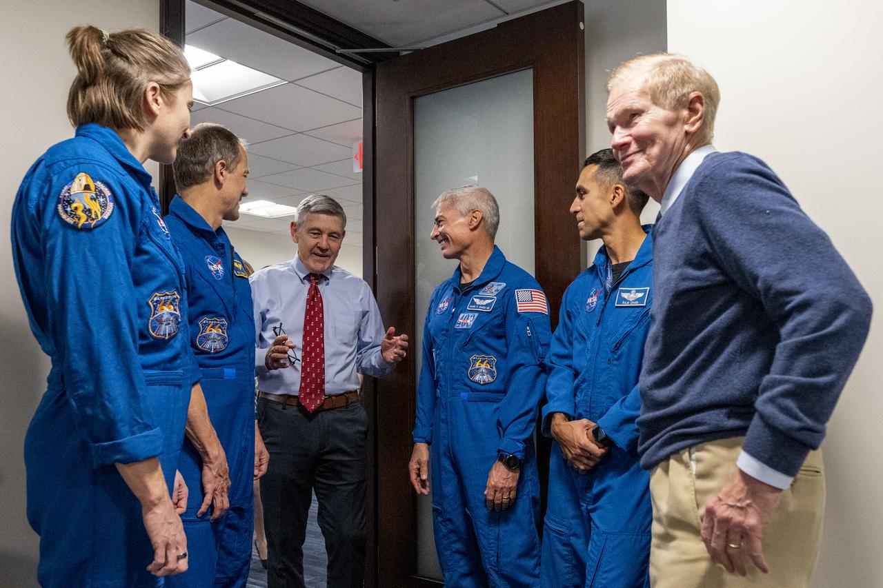 NASA’s SpaceX Crew-3 astronauts Raja Chari, Kayla Barron, Tom Marshburn, and Mark Vande Hei participate in a meet and greet with NASA leadership, Wednesday, Dec. 7, 2022, at the Mary W. Jackson NASA Headquarters Building in Washington. Photo Credit: (NASA/Keegan Barber)