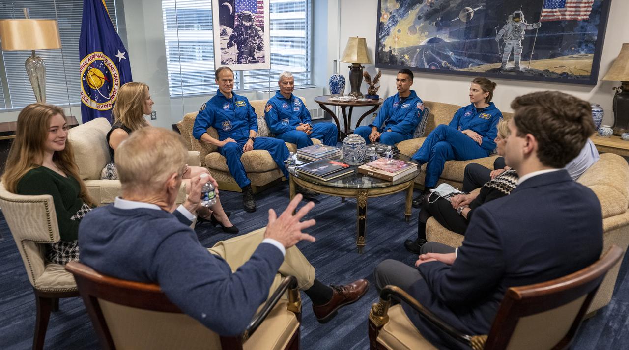 NASA’s SpaceX Crew-3 astronauts Raja Chari, Kayla Barron, Tom Marshburn, and Mark Vande Hei participate in a meet and greet with NASA leadership, Wednesday, Dec. 7, 2022, at the Mary W. Jackson NASA Headquarters Building in Washington. Photo Credit: (NASA/Keegan Barber)