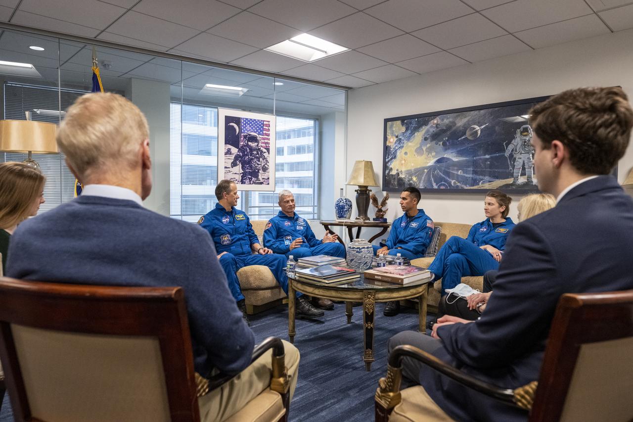 NASA’s SpaceX Crew-3 astronauts Raja Chari, Kayla Barron, Tom Marshburn, and Mark Vande Hei participate in a meet and greet with NASA leadership, Wednesday, Dec. 7, 2022, at the Mary W. Jackson NASA Headquarters Building in Washington. Photo Credit: (NASA/Keegan Barber)