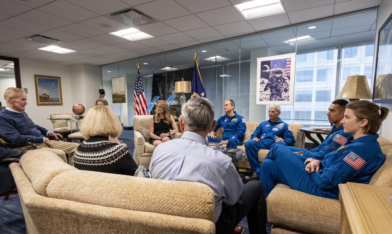 NASA’s SpaceX Crew-3 astronauts Raja Chari, Kayla Barron, Tom Marshburn, and Mark Vande Hei participate in a meet and greet with NASA leadership, Wednesday, Dec. 7, 2022, at the Mary W. Jackson NASA Headquarters Building in Washington. Photo Credit: (NASA/Keegan Barber)