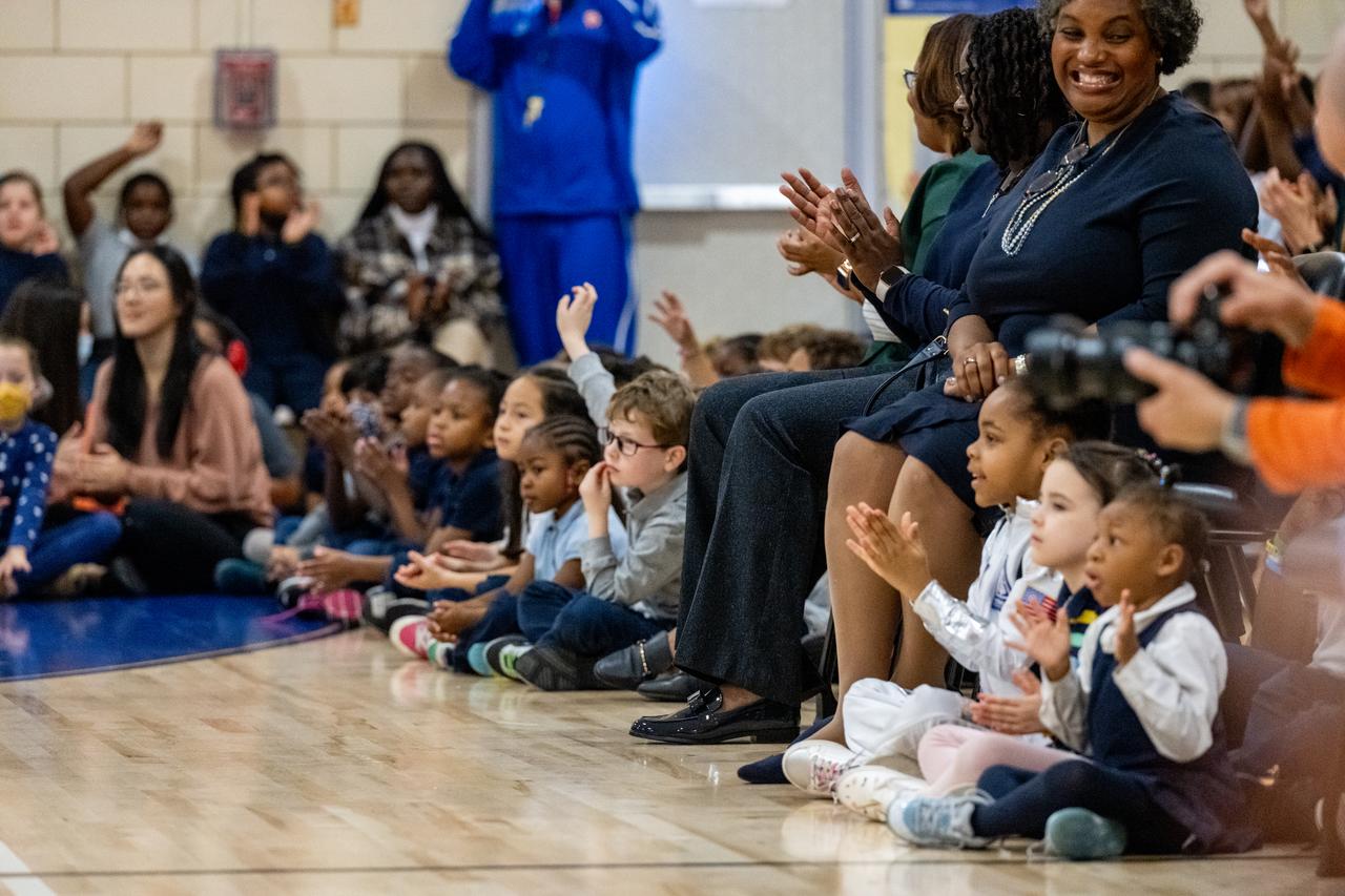 Students and faculty are seen during NASA Administrator Bill Nelson and NASA astronauts Raja Chari, Kayla Barron, Tom Marshburn, and Mark Vande Hei’s visit to Amidon-Bowen Elementary School, Thursday, Dec. 8, 2022, in Washington. Vande Hei spent 355 days in space as a member of Expedition 65/66 and was joined during Expedition 66 by Marshburn, Chari, and Barron who spent 177 days onboard the International Space Station. Photo Credit: (NASA/Keegan Barber)