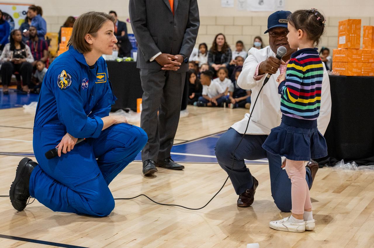 NASA astronaut Kayla Barron speaks with students as she and fellow crewmates Raja Chari, Tom Marshburn, and Mark Vande Hei visit Amidon-Bowen Elementary School, Thursday, Dec. 8, 2022, in Washington. Vande Hei spent 355 days in space as a member of Expedition 65/66 and was joined during Expedition 66 by Marshburn, Chari, and Barron who spent 177 days onboard the International Space Station. Photo Credit: (NASA/Keegan Barber)